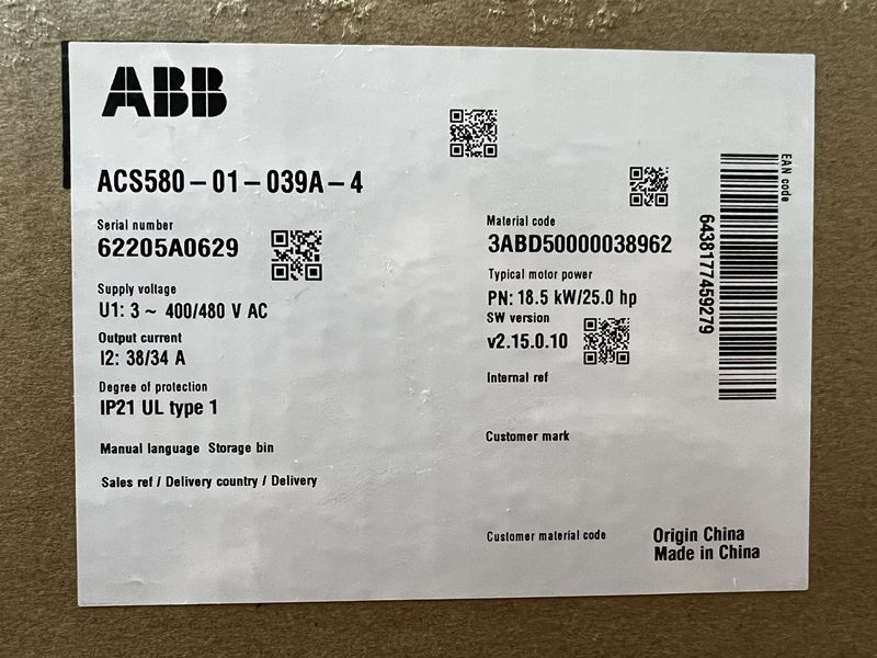 New arrival ABB ACS580-01-039A-4 inverter in stock for sale. Good quality ACS580-01-039A-4 with competitive price.